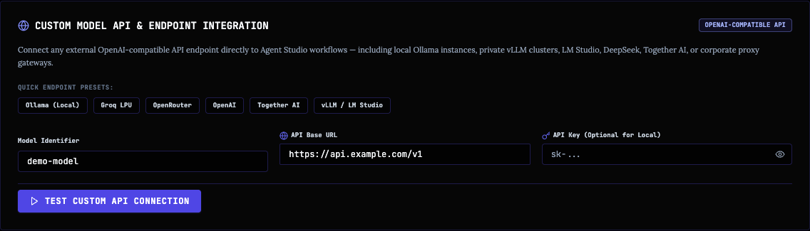 Custom model API configuration filled with demo-model and the safe example.com API base URL, with no API key entered.