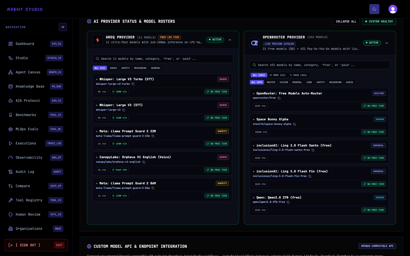 Expanded Groq and OpenRouter provider rosters showing active status, searchable model catalogs, and model cards.