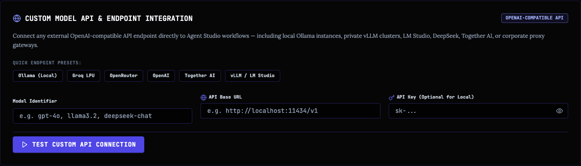 Empty custom model API configuration panel with endpoint presets and fields for model identifier, API base URL, and optional API key.